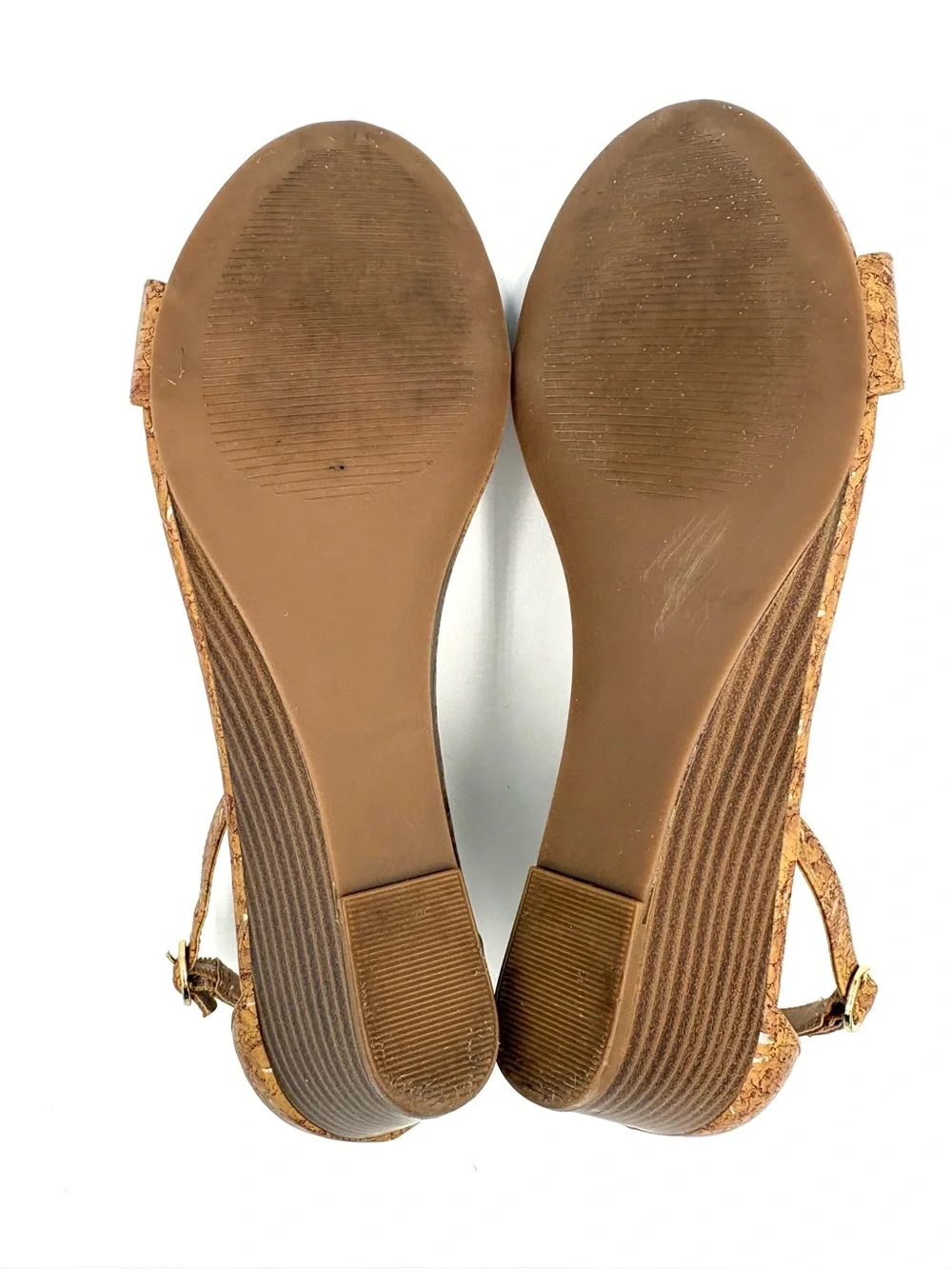 Ann Taylor Cork Gold Flecked Ankle Strap Warm Minimalist Wedge Sandals Size 7.5